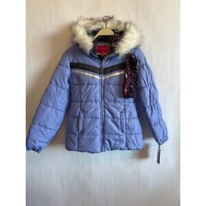 London Fog Girls' Heavyweight Puffer Jacket faux fur hood matching headband NWT